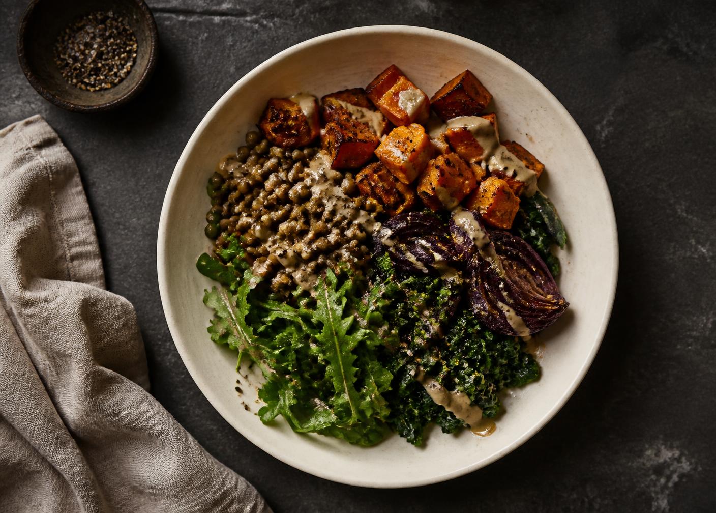 A simple bowl of lentils, greens, and roasted vegetables on a dark stone surface